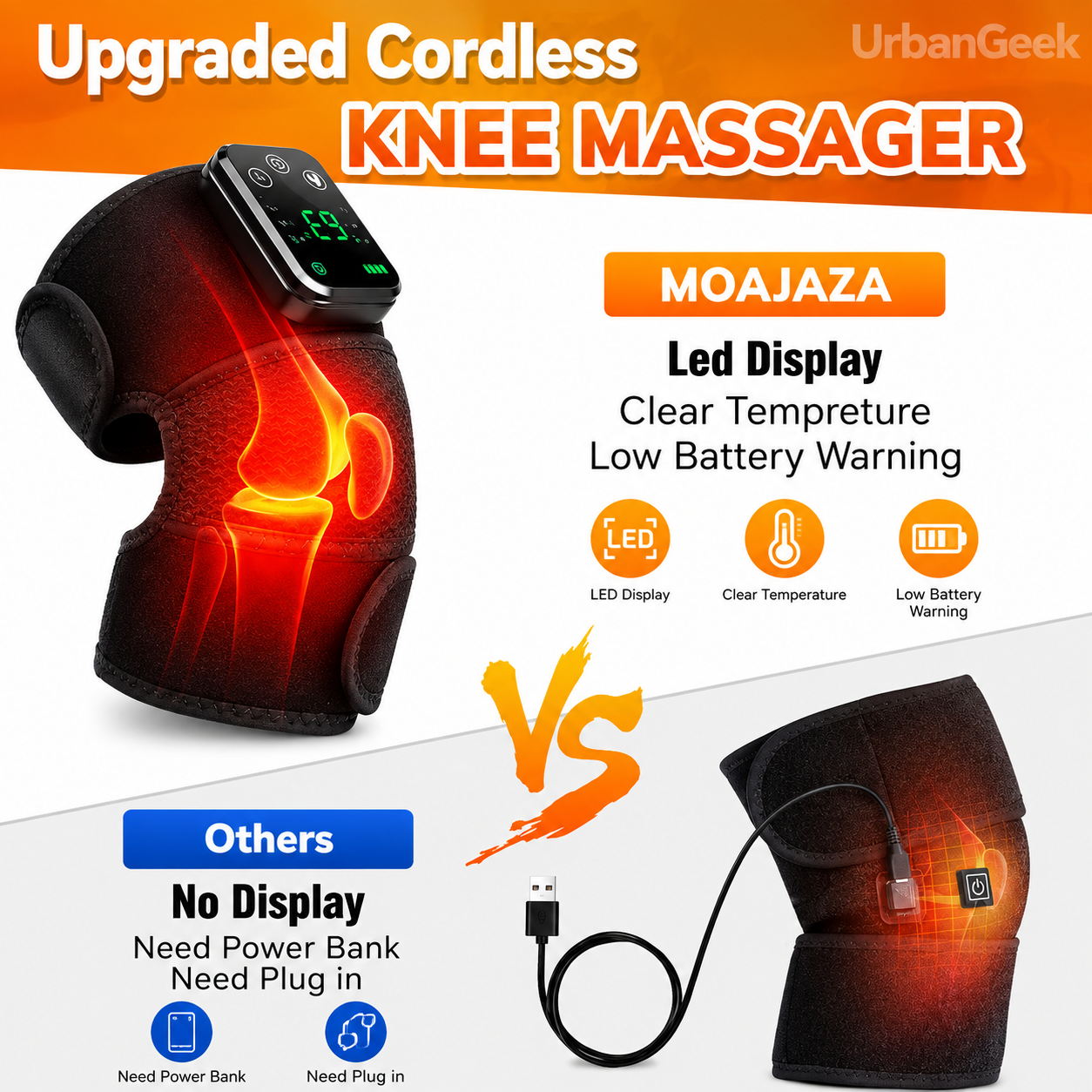 Heated Vibration Knee Massager | 5-Level Heat + 3 Massage Modes | Rechargeable Cordless