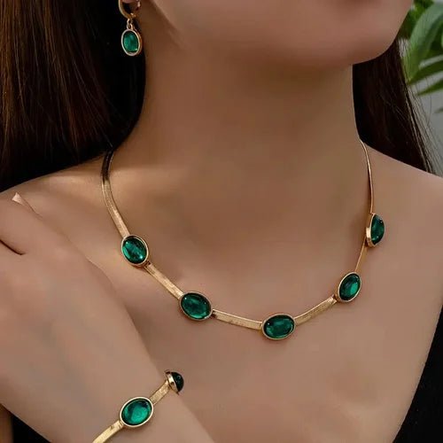 Oval Green Crystal Pendant Necklace Set With Bracelet - SmartStuffs
