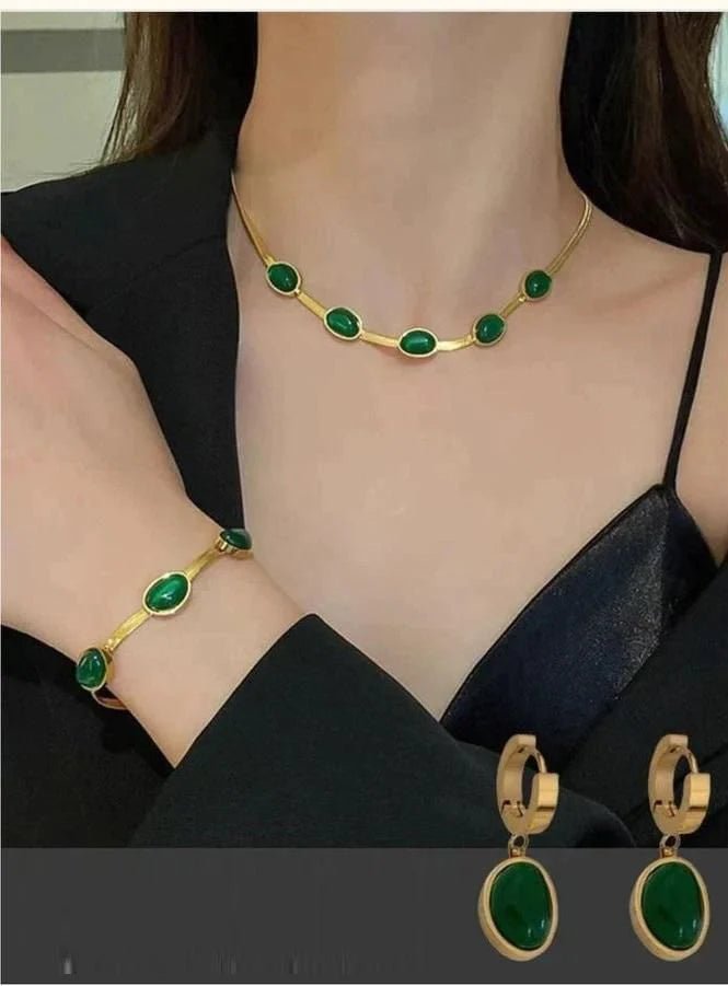 Oval Green Crystal Pendant Necklace Set With Bracelet - SmartStuffs