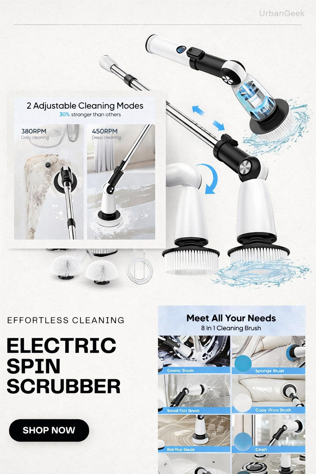 Electric Spin Scrubber – 400RPM Powerful Cleaning Brush For Bathroom, Tiles, Glass & Kitchen