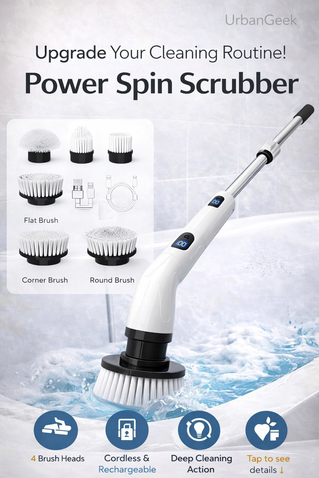 Electric Spin Scrubber – 400RPM Powerful Cleaning Brush For Bathroom, Tiles, Glass & Kitchen